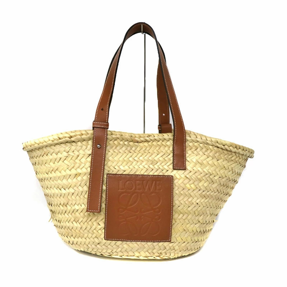 LOEWE Basket Bag Raffia Palm Leaf Brown Logo Leather Calfskin Anagram